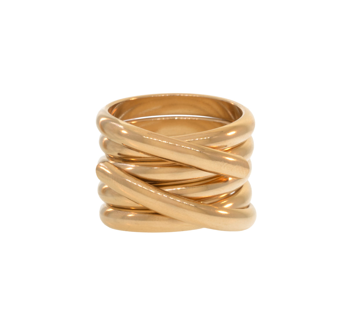 Double Crossover Band in 14K gold-filled with five overlapping layers of wire.