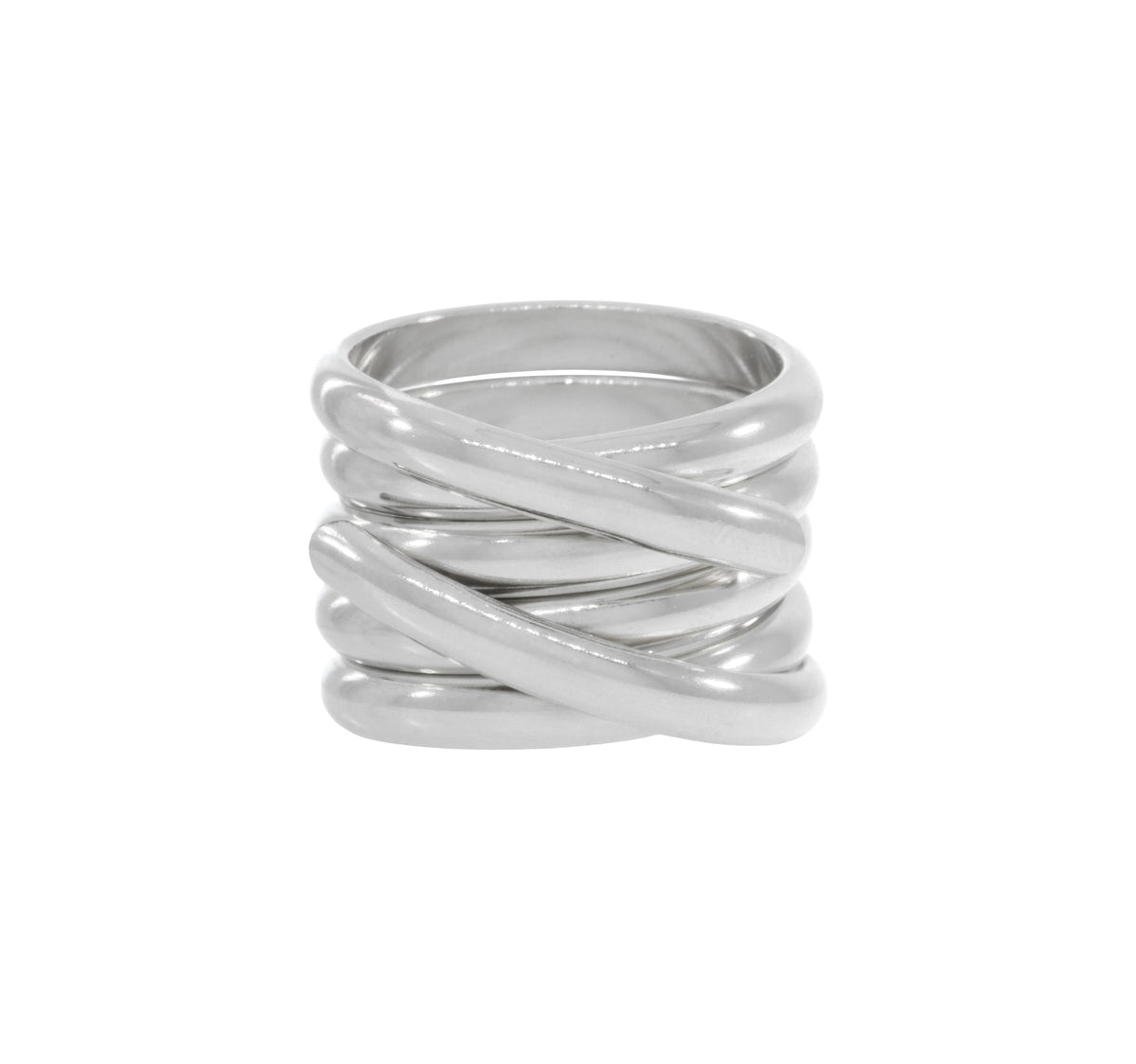 Double Crossover Band in sterling silver with five overlapping layers of wire.